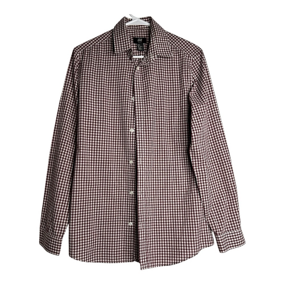 H&M Men's Dark Red Checkered Button Down Shirt Preppy Office Casual Date night